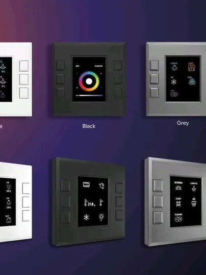 We offer a variety of finishes to match your home's aesthetic. This image displays our KNX wired keypad solutions in White, Black, and Grey, each featuring a clear display screen for intuitive control and status feedback.