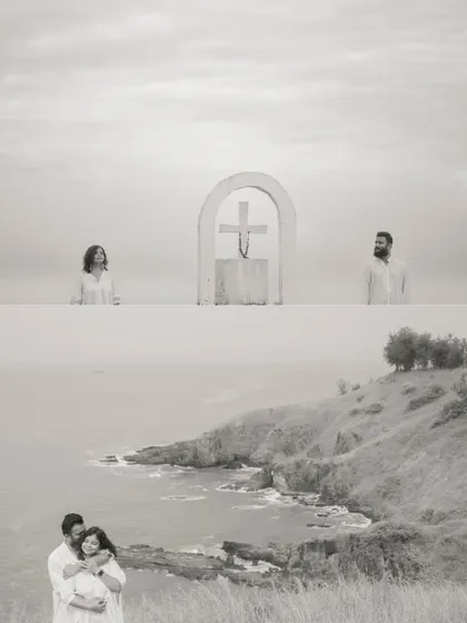 A creative black and white collage from the cliffside shoot, combining a wide landscape with an intimate embrace and an artistic shot featuring a cross.