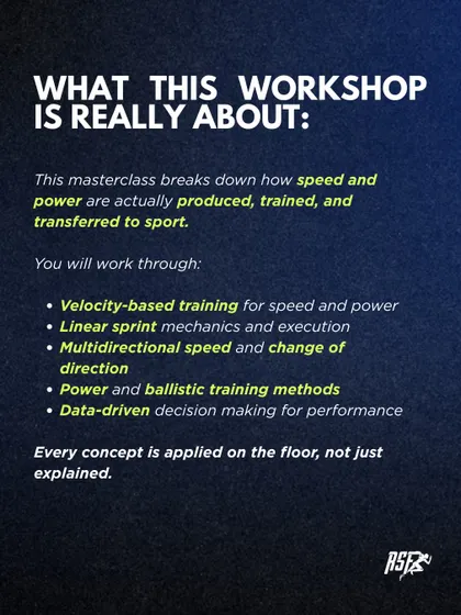 We focus on practical, on-the-floor application. This visual outlines the core concepts of our workshop, including velocity-based training, linear sprint mechanics, and data-driven decision making, emphasizing that every concept is applied, not just explained.
