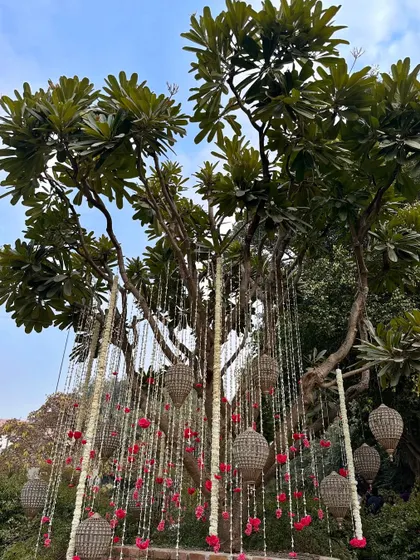 A tree adorned with hanging floral strings and crystal birdcages, a signature Zorba decor style.