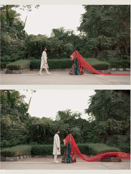 A creative sequence showing the bride with her long red veil approaching the groom for their first look.