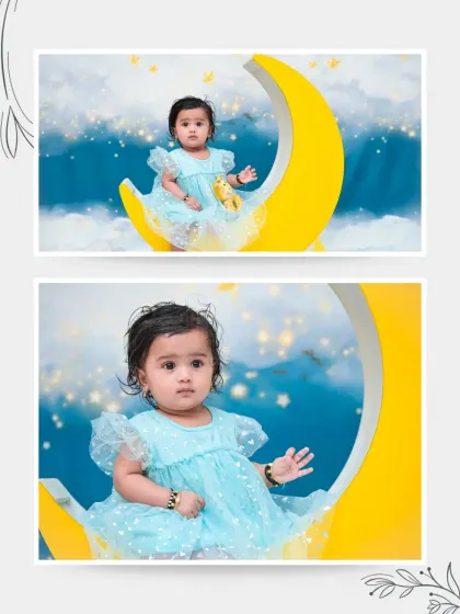 A beautifully framed two-photo collage showing both a wide shot and a close-up from the 'Moon & Stars' session, highlighting the dreamy quality of the theme.