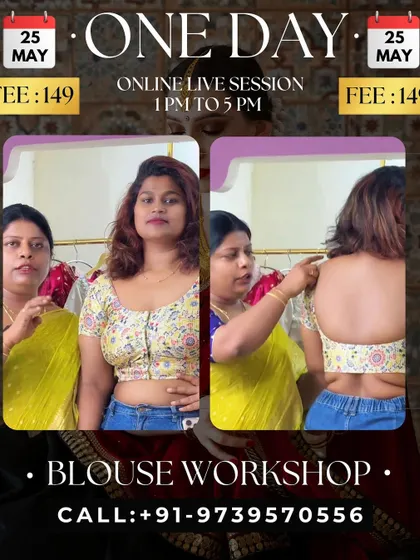 A flyer for one of my popular one-day blouse workshops, where I teach my signature techniques for a perfect fit in a live online session.