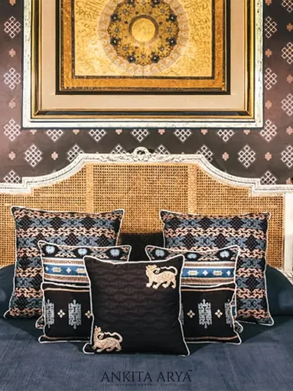 Inspired by Tibetan art and ancient rugs, I designed this series of bold cushions and an eclectic wallpaper pattern. The century-old motifs are artfully translated into luxury textiles that complement the modern aesthetic.