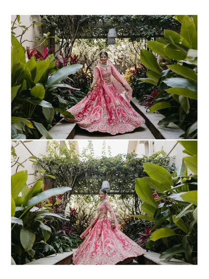 A collage of a bride in a stunning pink lehenga, posing in a lush green walkway, showing off the beautiful design and her radiant smile.