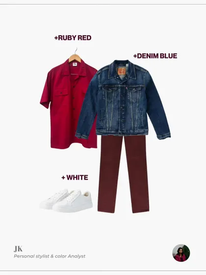 A classic combination: wine-colored trousers with a ruby red shirt and a denim blue jacket. White sneakers keep the look fresh and casual.