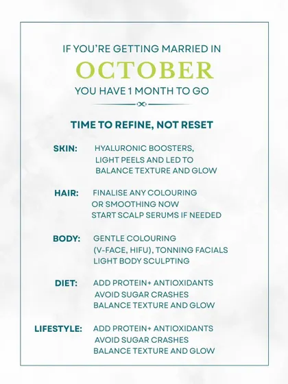 If your wedding is just one month away, it's time to refine, not reset. This is the time for treatments like hyaluronic boosters, light peels, and LED therapy to balance texture and enhance glow.