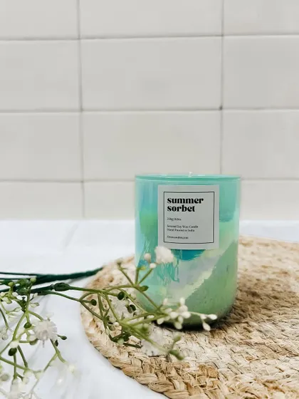 Our 'Summer Sorbet' jar, styled with a sprig of baby's breath for a fresh, clean look.