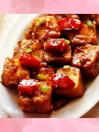 This is our delicious Paneer Manchurian, a fantastic vegetarian option from our Indo-Chinese menu. Soft paneer cubes are fried and then tossed in a flavourful manchurian sauce.