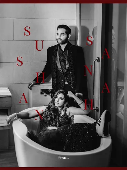 A stylish, black and white version of the bathtub shot with the couple's names, giving it a cool, editorial feel.