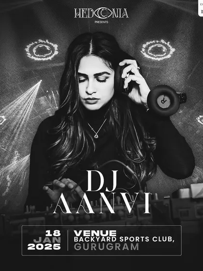 The official black and white poster for my gig at the Hedonia festival in Gurugram. This minimalist, stylish poster reflects a more underground, techno-focused event.