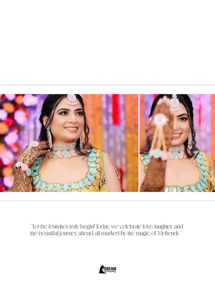 A diptych showing bride Harshna's happy expressions during her colorful Mehndi ceremony.