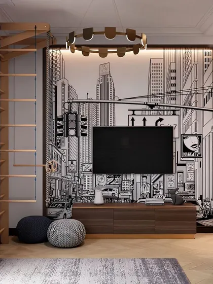 A unique TV room design featuring a custom city-scape mural as the backdrop. The space includes playful elements like a wall-mounted ladder for exercise, combining entertainment and activity in one room.
