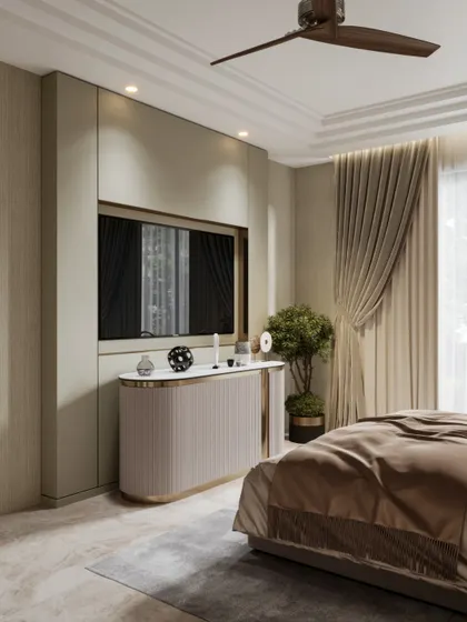 Two renders of a bedroom with a focus on elegant wall treatments and a neutral color palette. We've highlighted the geometric patterns and subtle backlighting to add depth and interest to the design.