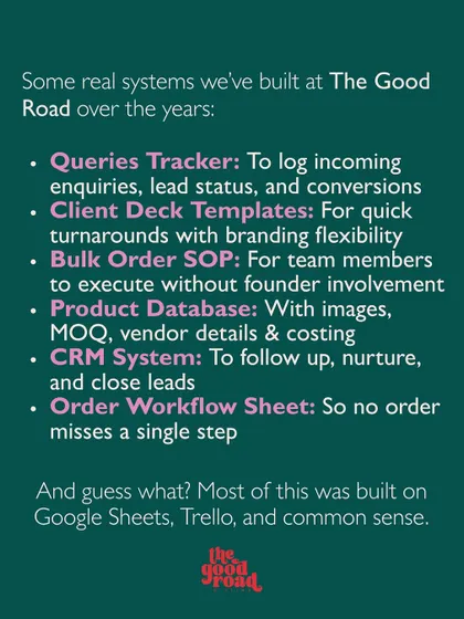 Here are some of the real, simple systems we've built at The Good Road using tools like Google Sheets and Trello. This shows that you don't need expensive tech to get organized.