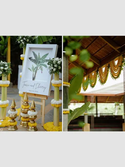 A collage of details from a traditional wedding, including a welcome sign with a banana tree illustration and a ceiling of marigold garlands.