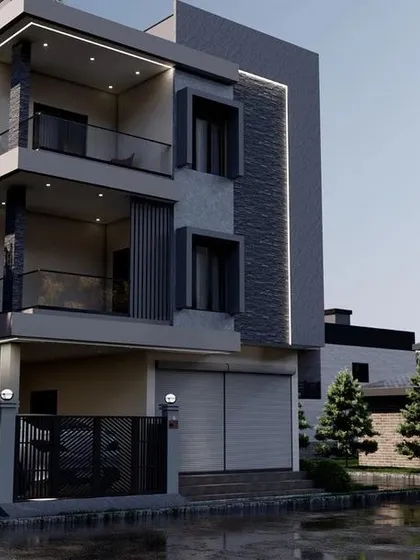 This proposed design for a client in Shimoga features a modern, multi-level home with several balconies, offering ample outdoor space and a dynamic facade.