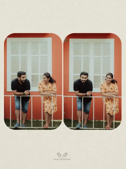 A diptych of the couple on a balcony, sharing a quiet moment and a conversation.