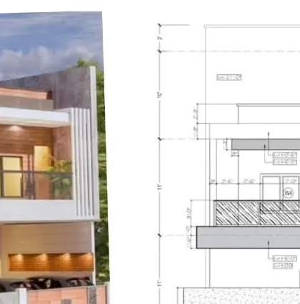 A side-by-side comparison of a 3D elevation render and its corresponding 2D technical drawing. This shows the direct link between our creative vision and the precise architectural plans required to build it.