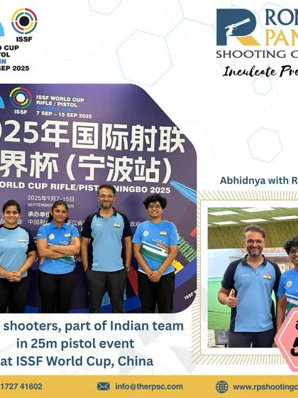 Our shooters, as part of the Indian team, at the 25m pistol event at the ISSF World Cup in China. Abhidnya's score of 583 was a highlight, showcasing the depth of talent we nurture for international competitions.