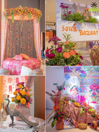 A collage of our "Souk Bazaar" Mehendi decor. Featuring a canopied seating area, peacock motifs, and carts filled with colorful flowers, this theme brings the feel of a vibrant Indian market to life.