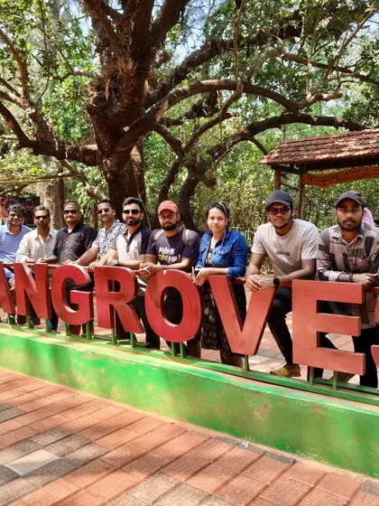 The group at the entrance to the mangrove forest in Gokarna, ready to explore the unique ecosystem.
