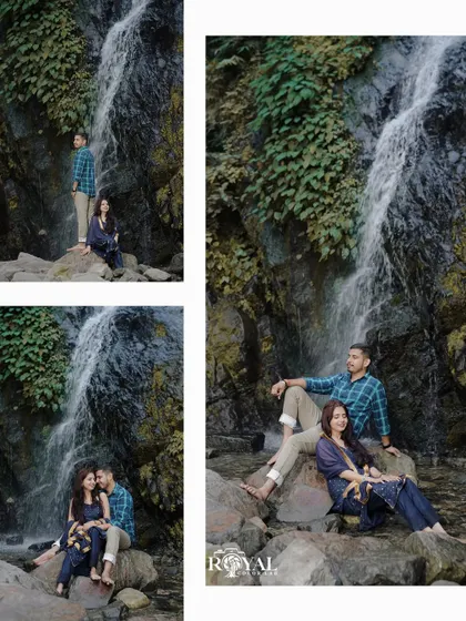 A collage of a couple posing in various spots around a waterfall, showcasing the beautiful, lush green surroundings.