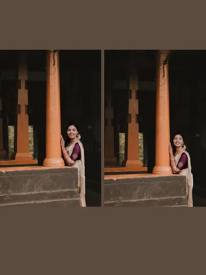 A creative diptych of the bride peeking from behind a pillar.