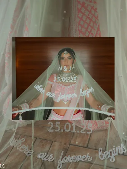 A creative bridal portrait with the veil customized with the wedding date, adding a personal touch.