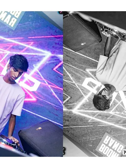 An artistic split-screen edit, showing both a color and an inverted black and white version of me at the console.