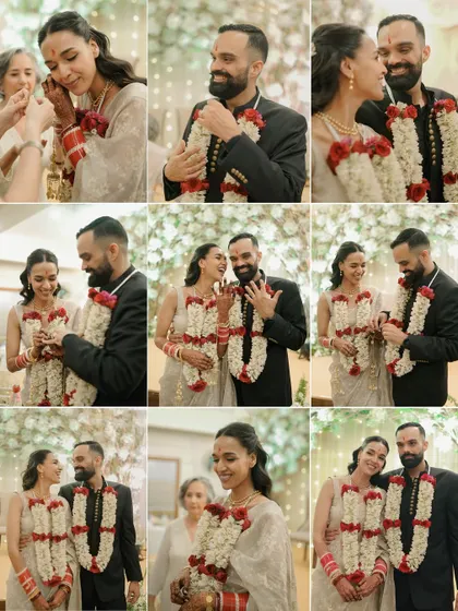 A grid of joy from an engagement ceremony. From exchanging rings to sharing laughter, this collage tells the complete story of their special day.