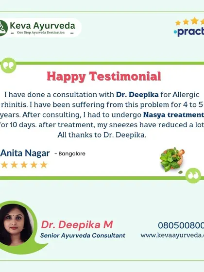 Anita Nagar provides feedback on her treatment for Allergic Rhinitis with Dr. Deepika. After suffering for 4 to 5 years, a 10-day Nasya treatment course resulted in a significant reduction in her sneezes.