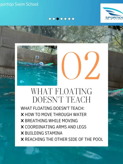 Floating alone does not teach you how to move through water, coordinate your arms and legs, or build stamina. It is a passive survival skill. Real swimming is an active, technical skill that requires proper coaching.
