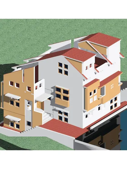 An aerial 3D model of 'Nachiar Illam', showing a different perspective of the building's complex geometry and how it sits on the site.