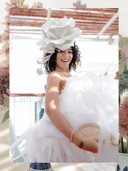 A fun and fashionable moment. This bride's unique, high-fashion look for her derby-themed event shows that wedding style can be bold and playful.