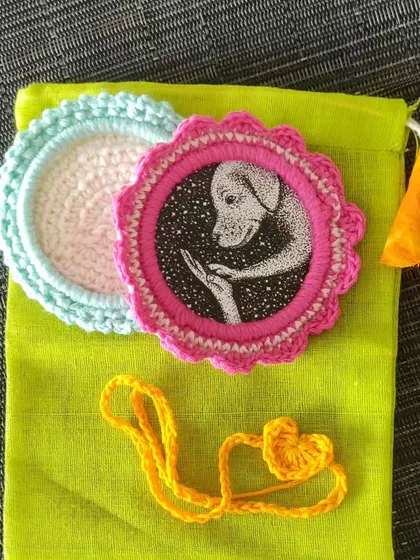 Another Rakhi goodie bag option, this time with beautiful crochet-edged photo frames. A perfect way to include a cherished memory in your gift.