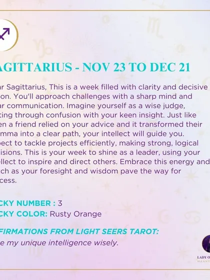 A weekly tarot forecast for Sagittarius. This is a week filled with clarity and decisive action. You'll approach challenges with a sharp mind and clear communication. This is your week to shine as a leader.
