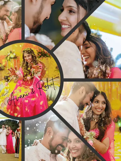 A dynamic collage capturing all the smiles, hugs, and laughter from a vibrant Haldi celebration.
