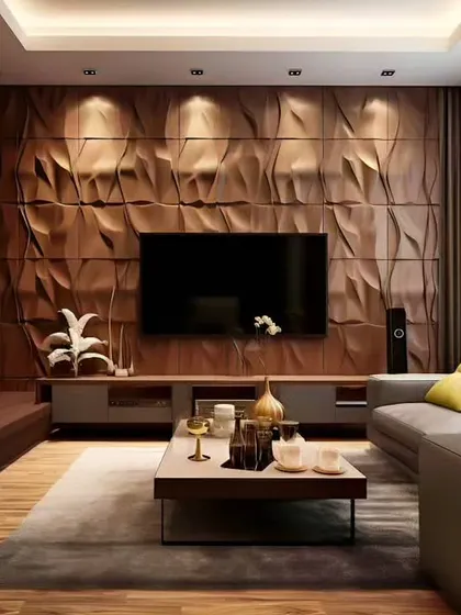 This living room features a dramatic 3D accent wall behind the television. The textured, wave-like pattern adds depth and a unique artistic element, turning the entertainment wall into a stunning piece of decor.