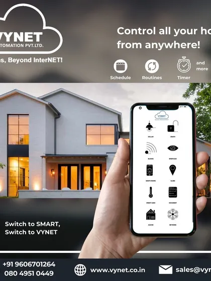With our solutions, you can control your entire home from anywhere. The app interface allows you to manage schedules, routines, and timers for all your connected devices. Switch to smart, switch to Vynet.