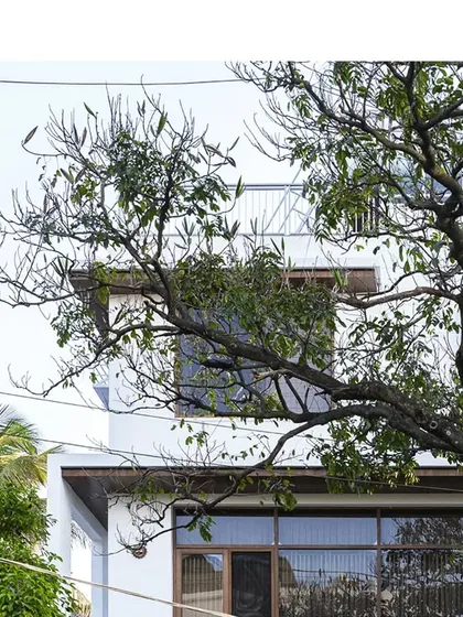 A glimpse of a modern home through the branches of an existing tree. My design philosophy often involves framing views of nature and preserving mature trees on the site.
