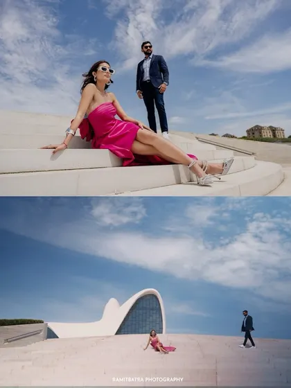 A collage of the couple at the Heydar Aliyev Centre, showcasing both wide shots of the architecture and their stylish poses.