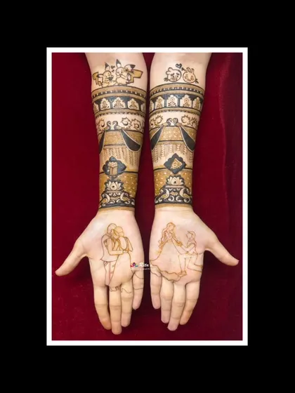 The complete design with both the portrait palms and the themed armbands. This shows how I can combine your love story with your favorite things for a truly custom bridal look.
