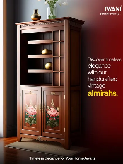 Discover timeless elegance with a handcrafted vintage-style almirah. This piece, made from dark wood, features classic molding, ample shelving, and beautifully hand-painted floral details on the doors, adding a touch of heritage and artistry to your home.
