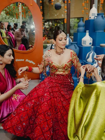 When heritage meets avant-garde, magic happens. For this unique Mehendi look, I created a bold and artistic makeup style to match the bride's incredible Kunal Rawal lehenga.