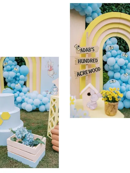 A duplicate image collage showcasing the beautiful details of the Winnie the Pooh themed party.
