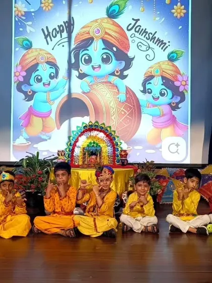 A group of our little Krishnas posing on stage. Their enthusiastic participation filled the campus with music, laughter, and the true spirit of the festival.