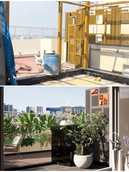 High-rise living doesn't mean sacrificing green space. We took this 27th-floor construction site and designed a luxurious penthouse garden with a private deck and planters overlooking the city.
