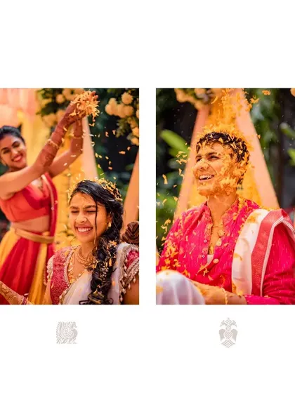 The flower shower during the Haldi ceremony. We can choreograph entrances and key moments of your traditional ceremonies to make them even more vibrant and photogenic.