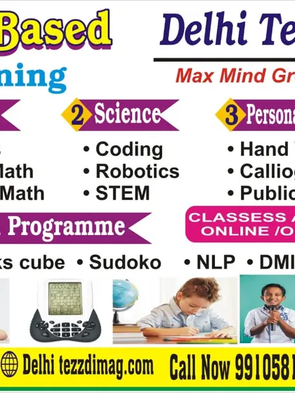 A detailed banner for our Delhi center, showcasing the variety of courses we offer in Math, Science, Personality Development, and Brain Programming.